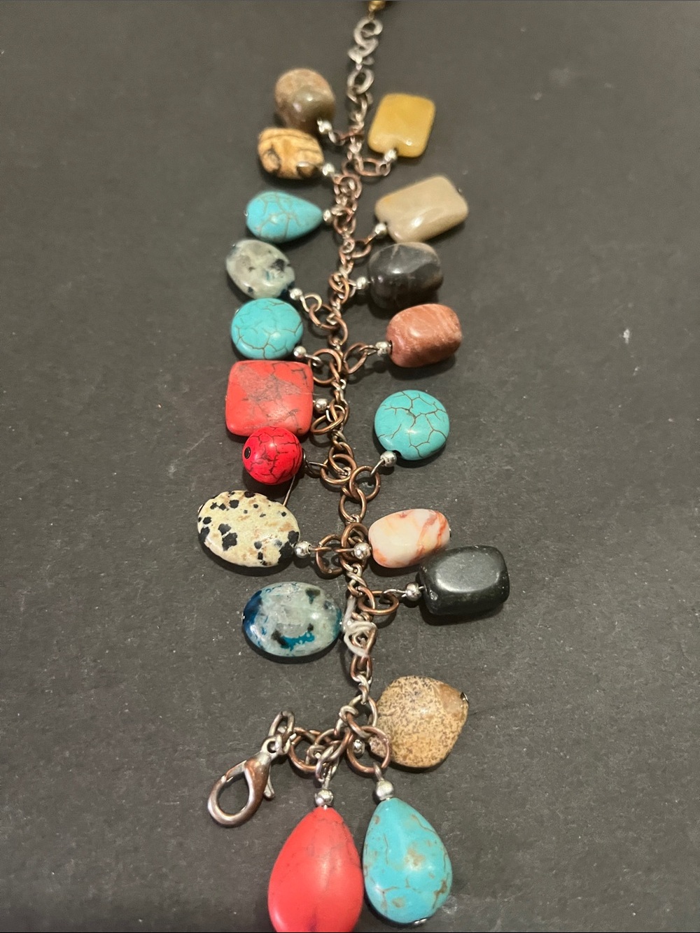 Multi-Stone Drop Charm Bracelet in Turquoise, Red, Black, and Neutral Tones